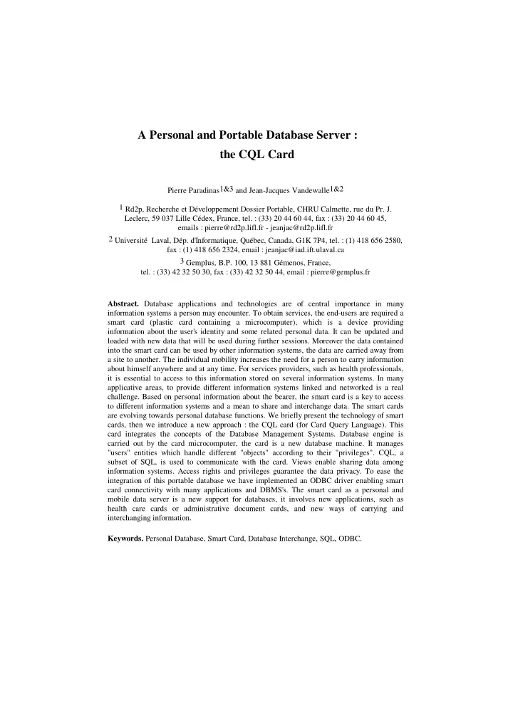 a personal and portable database server the cql card