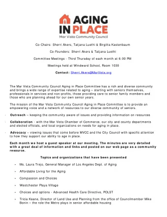 Co-Chairs:  Sherri Akers, Tatjana Luethi &amp; Birgitta Kastenbaum  Co-Founders:  Sherri Akers