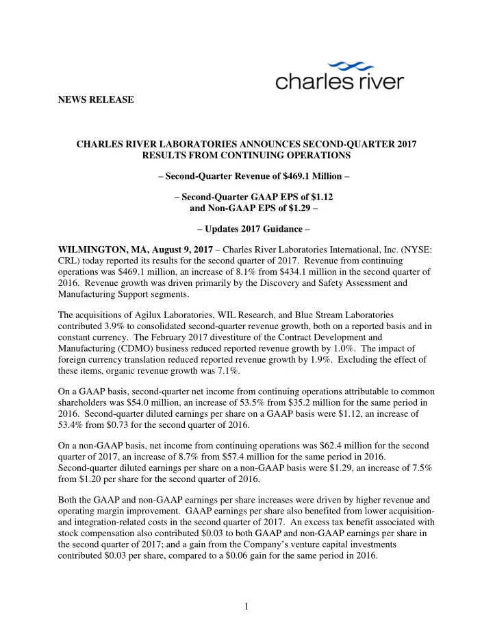 news release charles river laboratories announces second