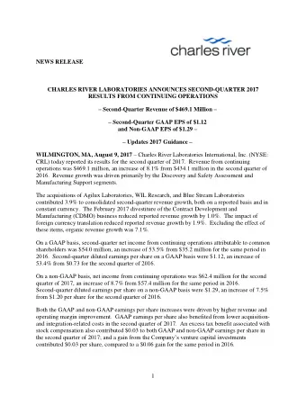 NEWS RELEASE  CHARLES RIVER LABORATORIES ANNOUNCES SECOND-QUARTER 2017  RESULTS FROM CONTINUING