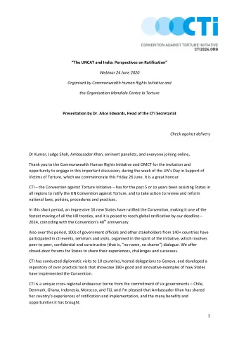 The UNCAT and India: Perspectives on Ratification  Webinar 24 June 2020  Organised by
