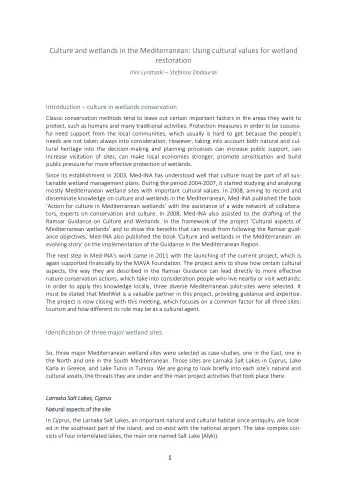Culture and wetlands in the Mediterranean: Using cultural values for wetland  restoration Irini