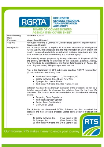 BOARD OF COMMISSIONERS  AGENDA ITEM COVER SHEET  Board Meeting  November 5, 2015  Date:  Presenter: