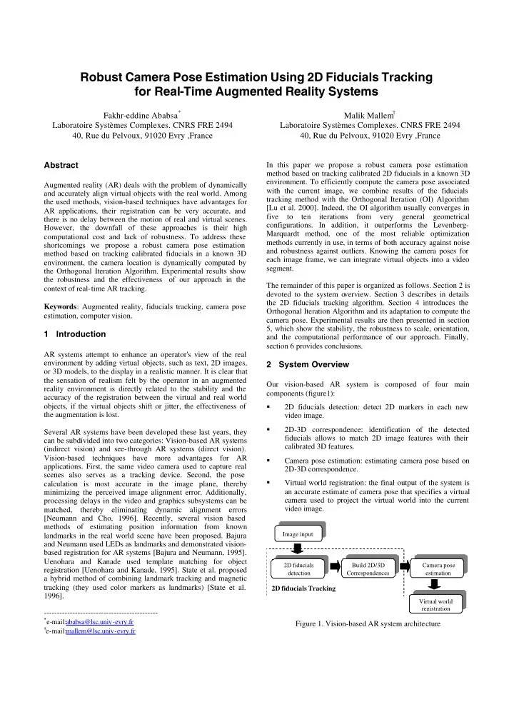 robust camera pose estimation using 2d fiducials tracking