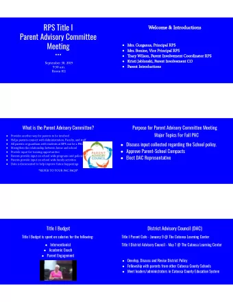 RPS Title I  Welcome &amp; Introductions  Parent Advisory Committee  Meeting  Mrs. Gurganus,