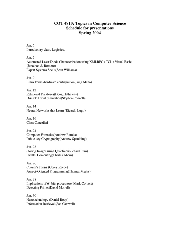 cot 4810 topics in computer science schedule for