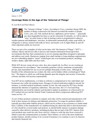 January 3, 2014  Coverage Risks in the Age of the Internet of Things  by Lon Berk and Paul