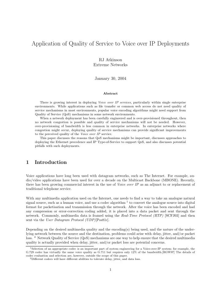application of quality of service to voice over ip