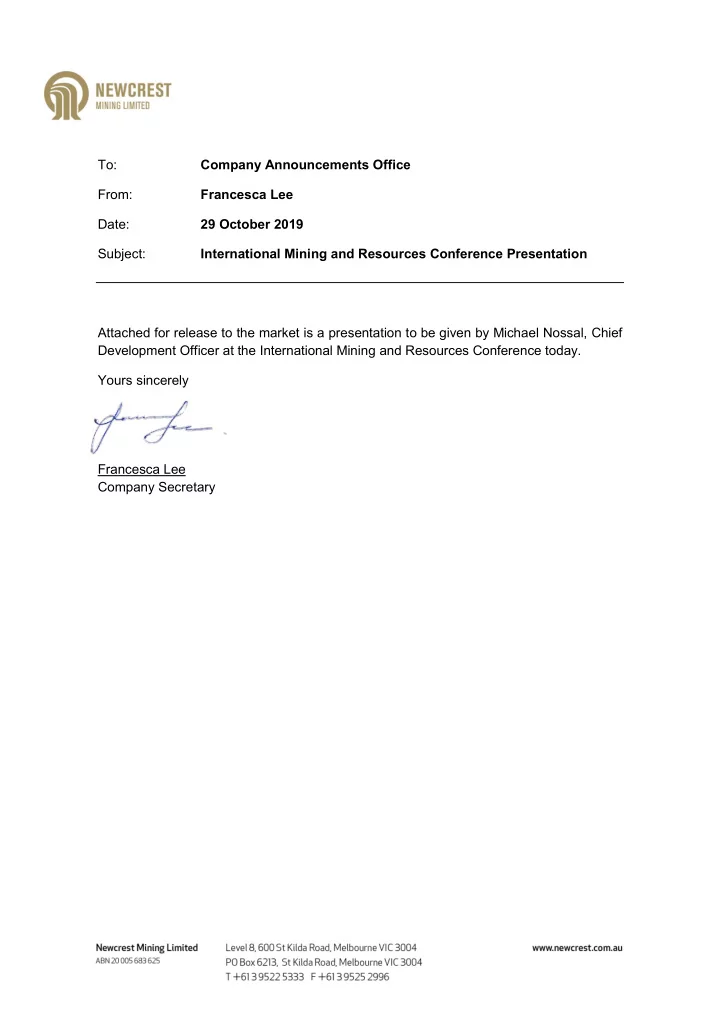 to company announcements office from francesca lee date