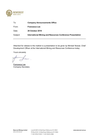 To:  Company Announcements Office  From:  Francesca Lee  Date: 29 October 2019  Subject: