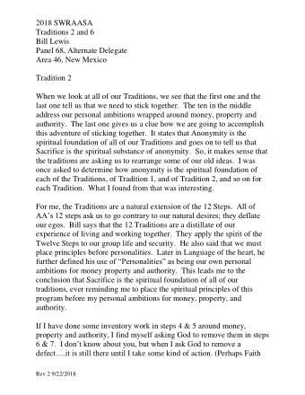 2018 SWRAASA  Traditions 2 and 6  Bill Lewis  Panel 68, Alternate Delegate  Area 46, New Mexico