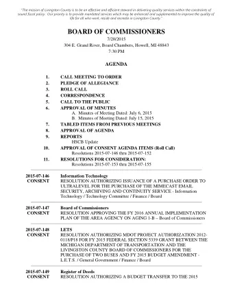 BOARD OF COMMISSIONERS  7/20/2015  304 E. Grand River, Board Chambers, Howell, MI 48843  7:30 PM