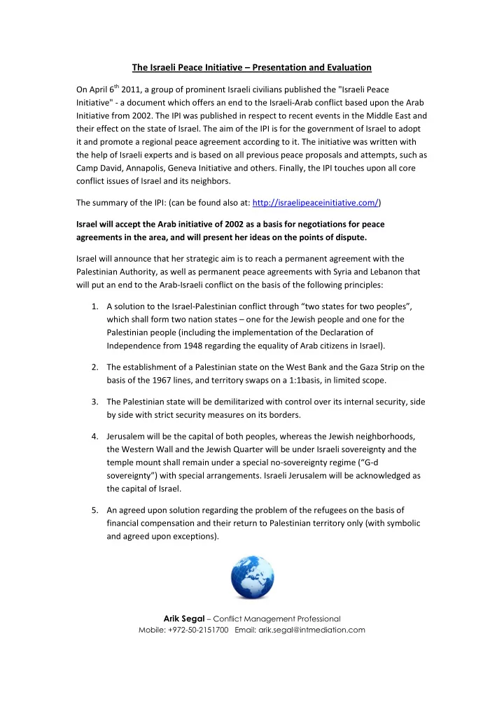 the israeli peace initiative presentation and evaluation