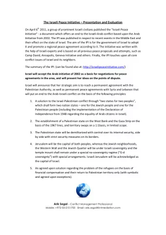 The Israeli Peace Initiative  Presentation and Evaluation On April 6 th 2011, a group of