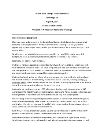 Senate Rural Georgia Study Committee  Dahlonega, GA  August 8, 2017  Testimony of J Berkshire