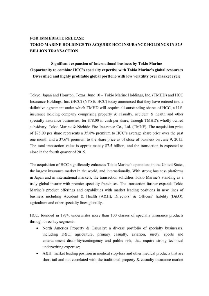 for immediate release tokio marine holdings to acquire