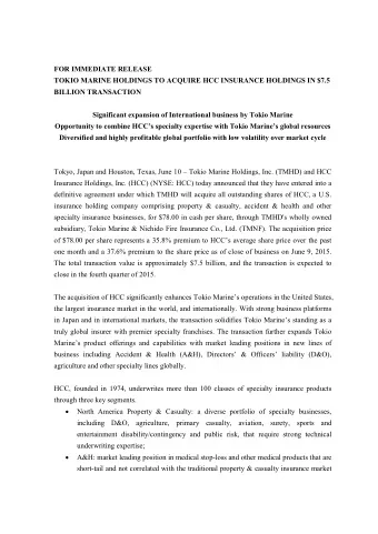 FOR IMMEDIATE RELEASE  TOKIO MARINE HOLDINGS TO ACQUIRE HCC INSURANCE HOLDINGS IN $7.5  BILLION