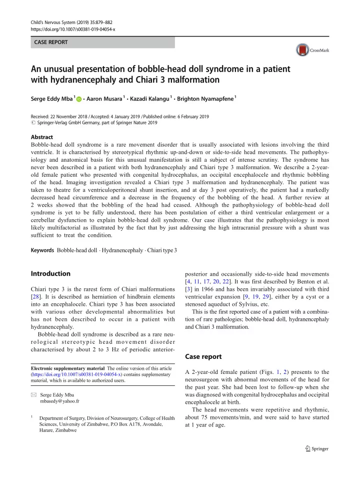 an unusual presentation of bobble head doll syndrome in a