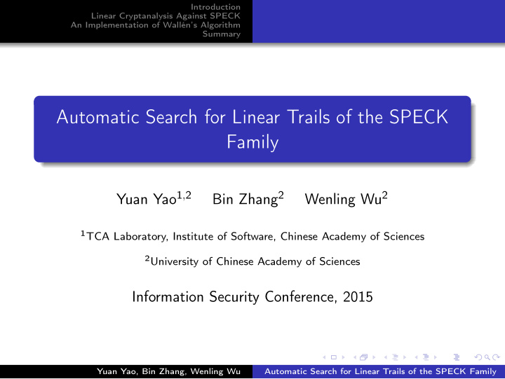 automatic search for linear trails of the speck family