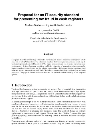 Proposal for an IT security standard  for preventing tax fraud in cash registers  Mathias Neuhaus,