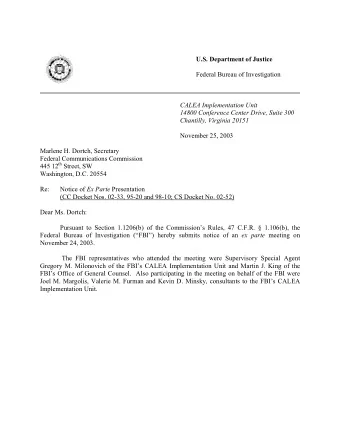 U.S. Department of Justice  Federal Bureau of Investigation  CALEA Implementation Unit  14800