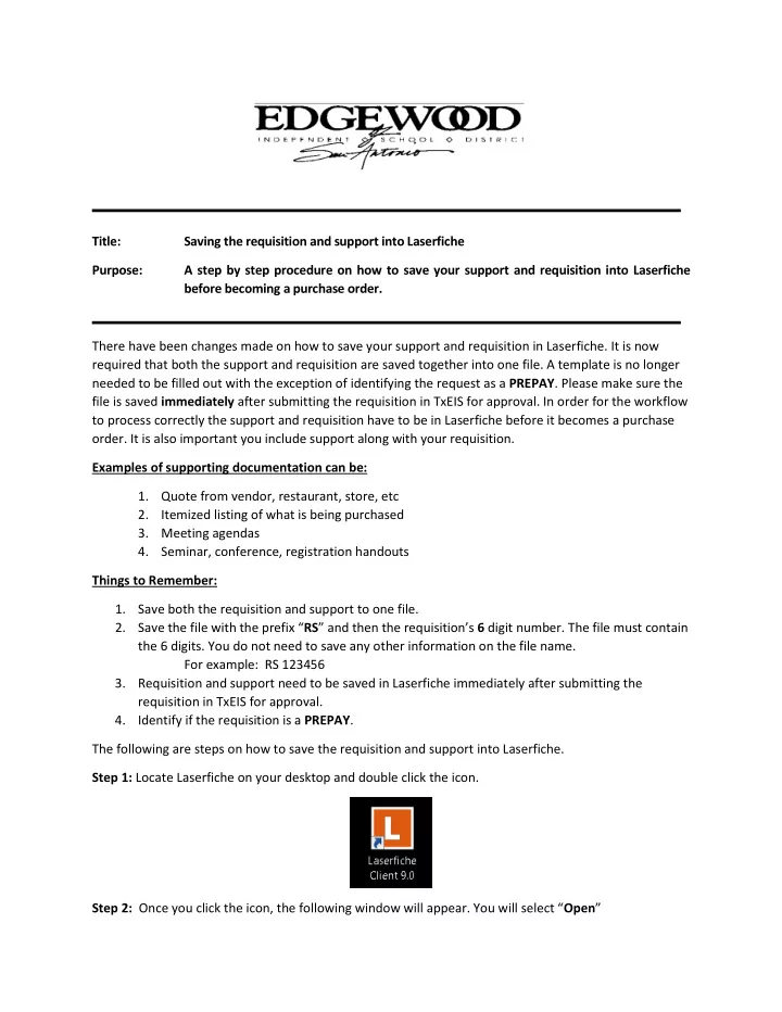 title saving the requisition and support into laserfiche