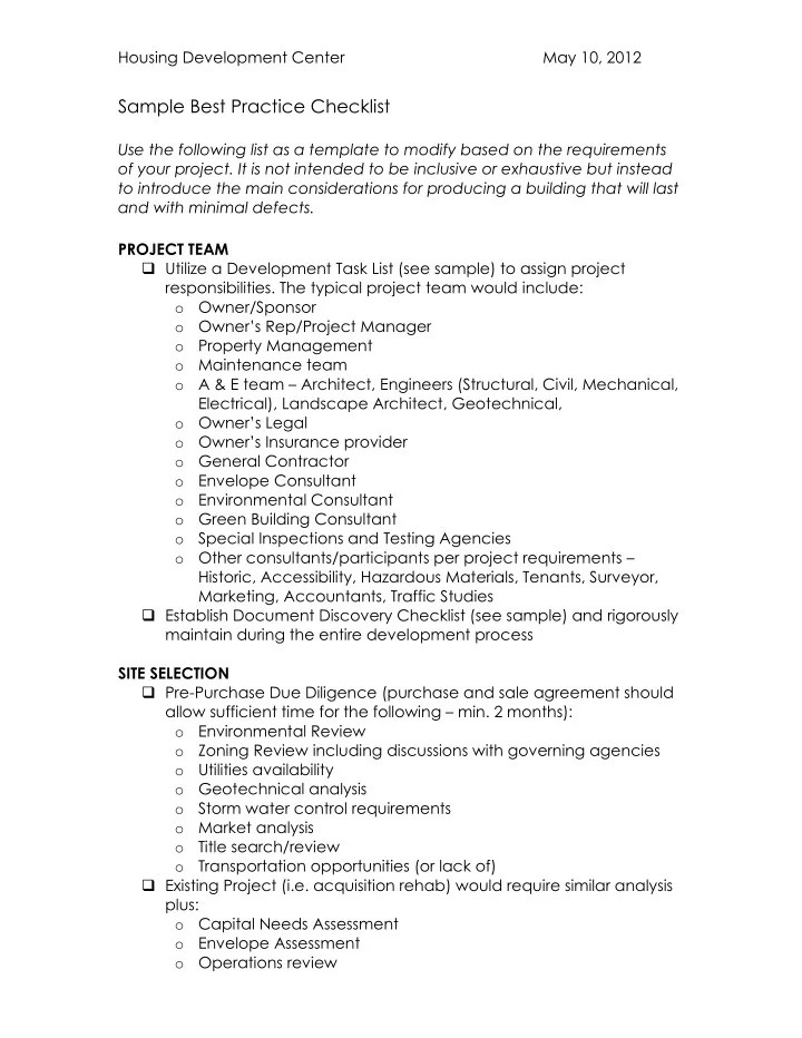 sample best practice checklist