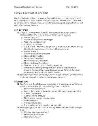 Sample Best Practice Checklist  Use the following list as a template to modify based on the