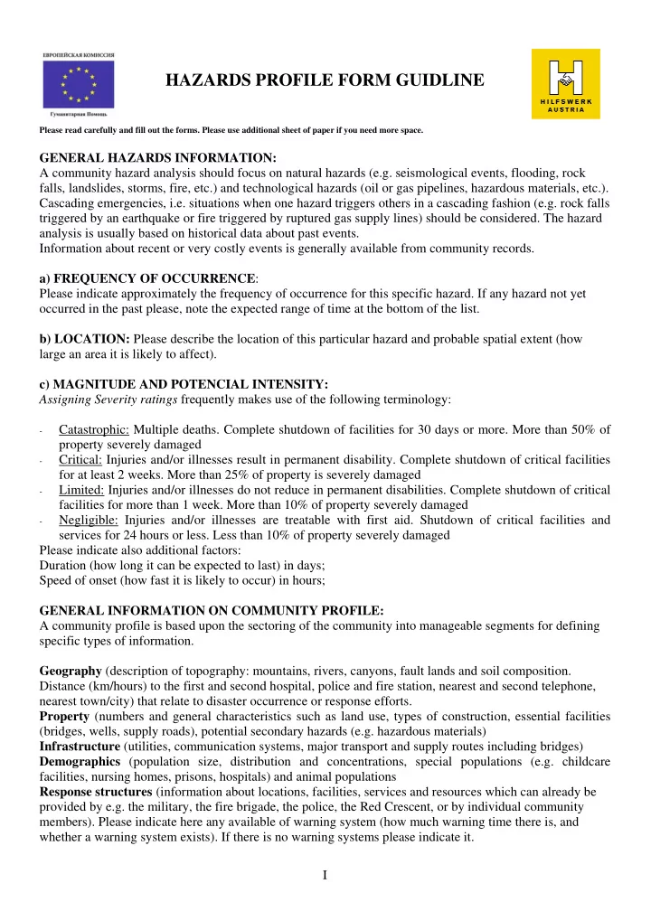 hazards profile form guidline