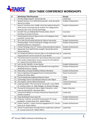 2014 TABSE CONFERENCE WORKSHOPS  #  Workshop Title/Presenter  Strand  1  The Best Beginnings/Dr.