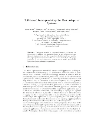 RSS-based Interoperability for User Adaptive  Systems Yiwen Wang 2 , Federica Cena 1 , Francesca