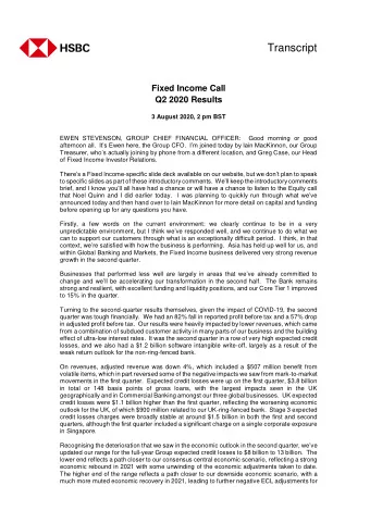 Transcript  Fixed Income Call  Q2 2020 Results  3 August 2020, 2 pm BST  EWEN STEVENSON, GROUP