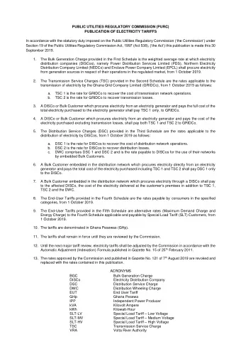 PUBLIC UTILITIES REGULATORY COMMISSION (PURC)  PUBLICATION OF ELECTRICITY TARIFFS  In accordance