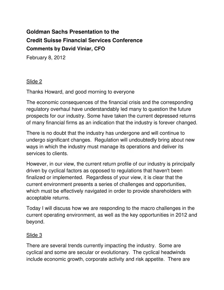 goldman sachs presentation to the credit suisse financial