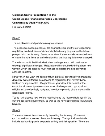 Goldman Sachs Presentation to the  Credit Suisse Financial Services Conference  Comments by David