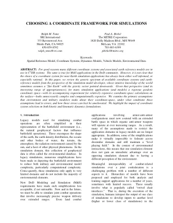 CHOOSING A COORDINATE FRAMEWORK FOR SIMULATIONS  Ralph M. Toms  Paul A. Birkel  SRI International