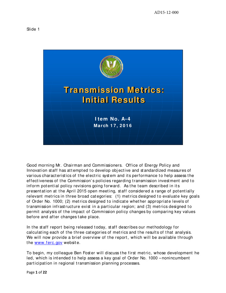 transmission metrics initial results