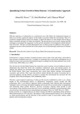Quantifying Urban Growth in Dubai Emirate: A Geoinformatics Approach Ahmed K. Nassar 1, 2 , G. Alan