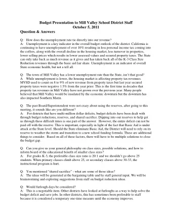 Budget Presentation to Mill Valley School District Staff  October 5, 2011  Question &amp; Answers
