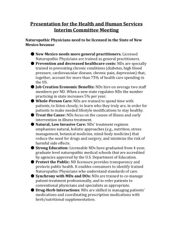 Presentation for the Health and Human Services Interim Committee Meeting  Naturopathic Physicians