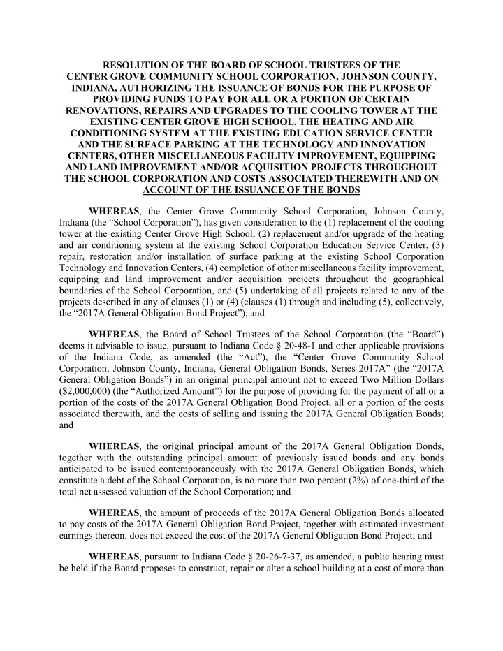 resolution of the board of school trustees of the center