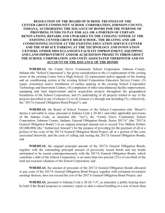 RESOLUTION OF THE BOARD OF SCHOOL TRUSTEES OF THE  CENTER GROVE COMMUNITY SCHOOL CORPORATION,