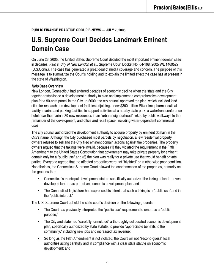 u s supreme court decides landmark eminent domain case