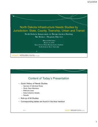 North Dakota Infrastructure Needs Studies by  Jurisdiction: State, County, Township, Urban and