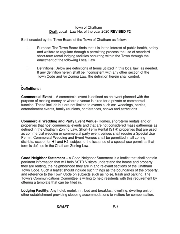 town of chatham draft local law no of the year 2020