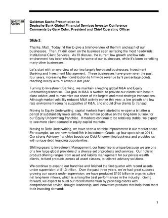 Goldman Sachs Presentation to  Deutsche Bank Global Financial Services Investor Conference