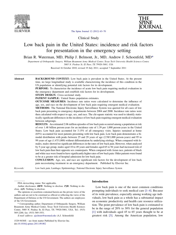 low back pain in the united states incidence and risk