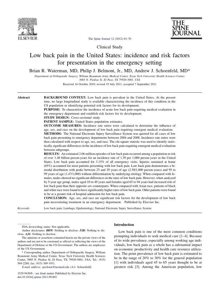 low back pain in the united states incidence and risk