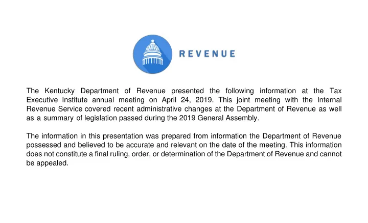 the kentucky department of revenue presented the