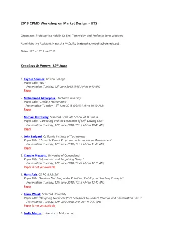 2018 CPMD Workshop on Market Design - UTS  Organizers: Professor Isa Hafalir, Dr Emil Temnyalov and